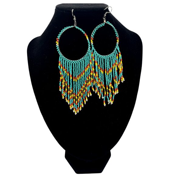 Women  Blue | Orange Yellow Beaded Earrings - Picture 3 of 3